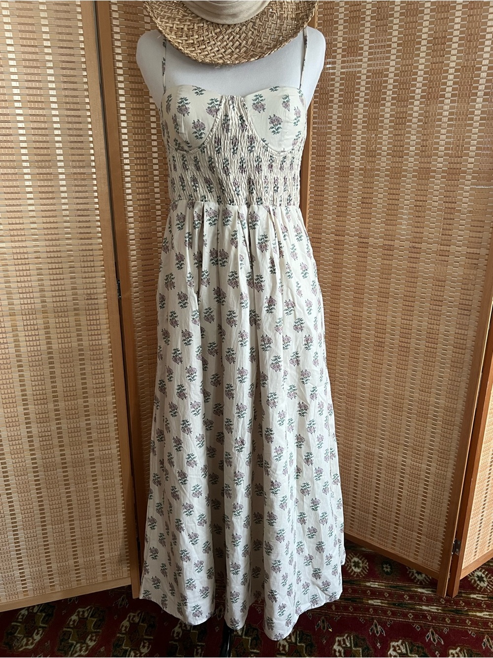 NWT AUREUM Ivory Floral Smoked Bustier Midi Dress Cottagecore Sundress with Pock - Picture 2 of 10